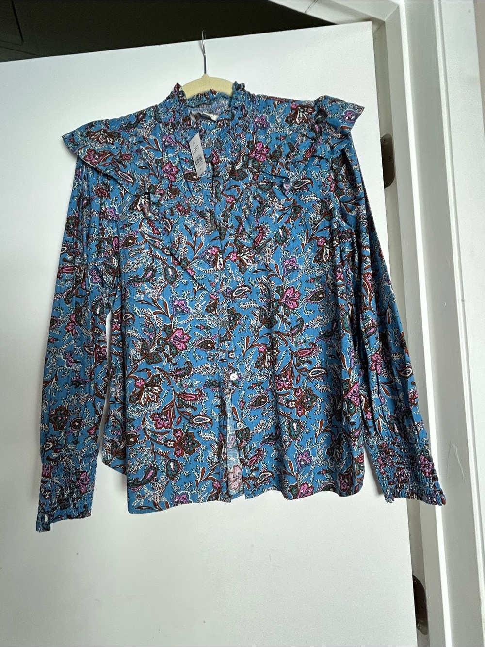 LOFT Blue Paisley Floral Smocked-Neck Top